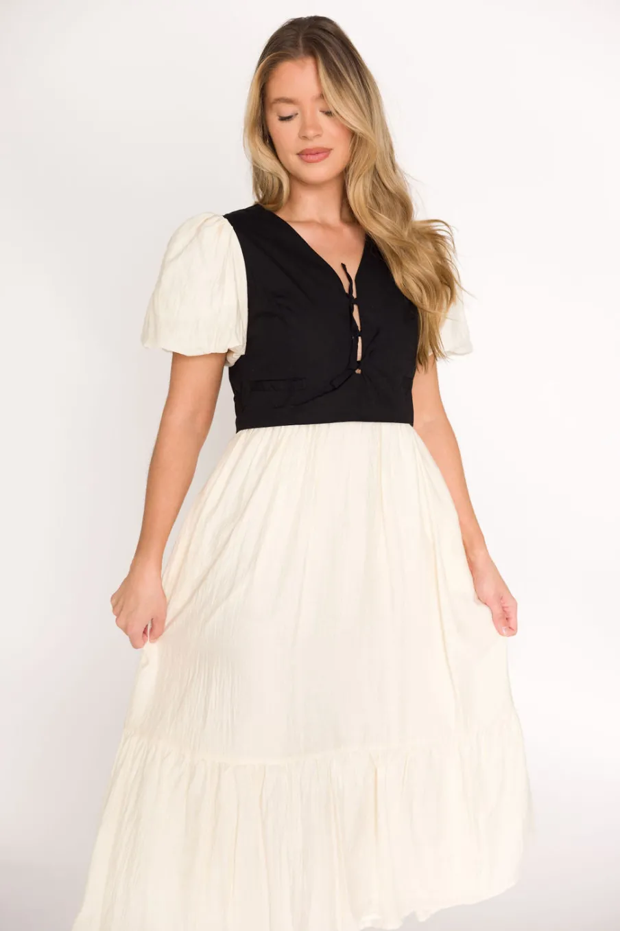 Clearance Worth Collective Mya Contrast Tie-Vest Midi Dress in Ivory/Black