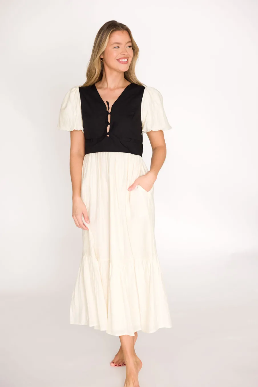 Clearance Worth Collective Mya Contrast Tie-Vest Midi Dress in Ivory/Black