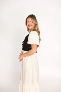 Clearance Worth Collective Mya Contrast Tie-Vest Midi Dress in Ivory/Black