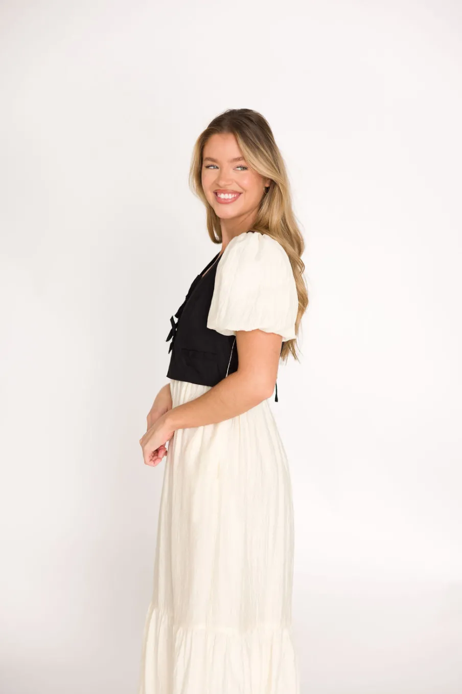 Clearance Worth Collective Mya Contrast Tie-Vest Midi Dress in Ivory/Black