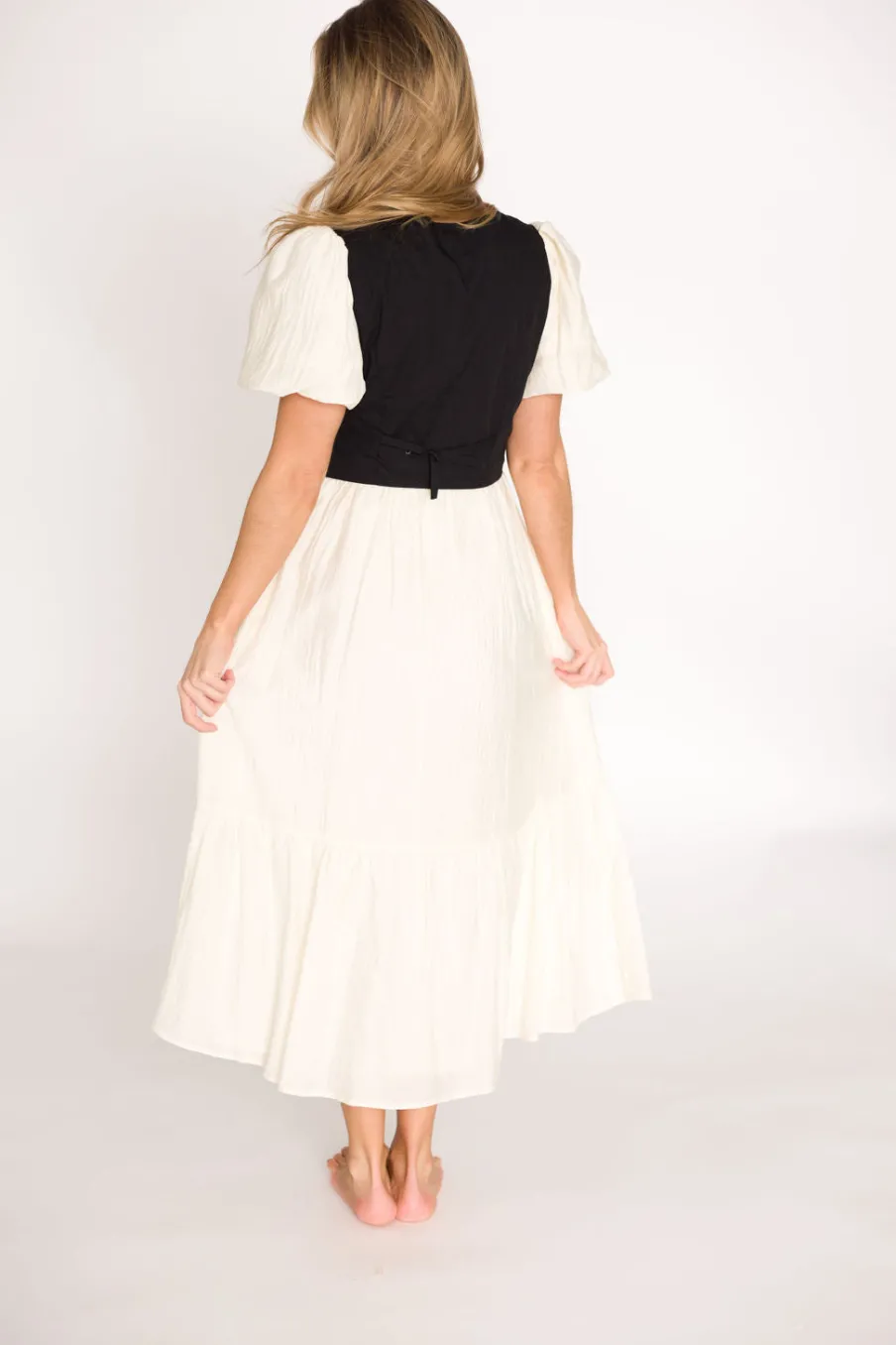 Clearance Worth Collective Mya Contrast Tie-Vest Midi Dress in Ivory/Black