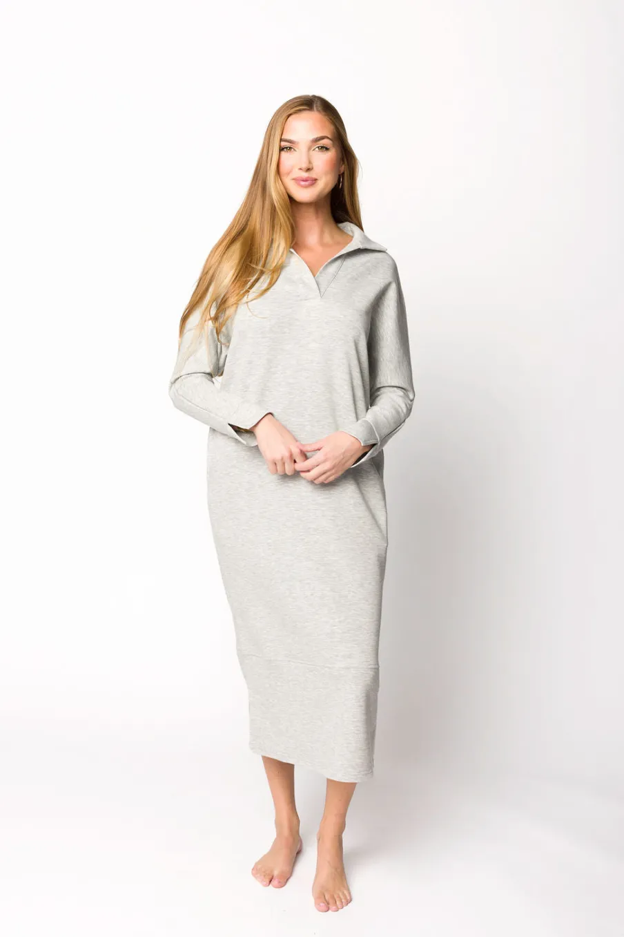 Fashion Worth Collective Myra Collared Long Sleeve Maxi Dress in Heather Grey