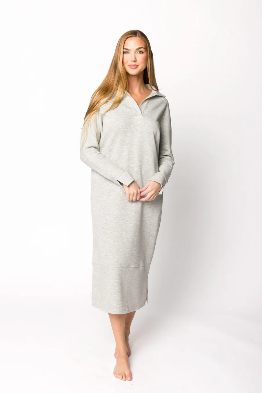 Fashion Worth Collective Myra Collared Long Sleeve Maxi Dress in Heather Grey