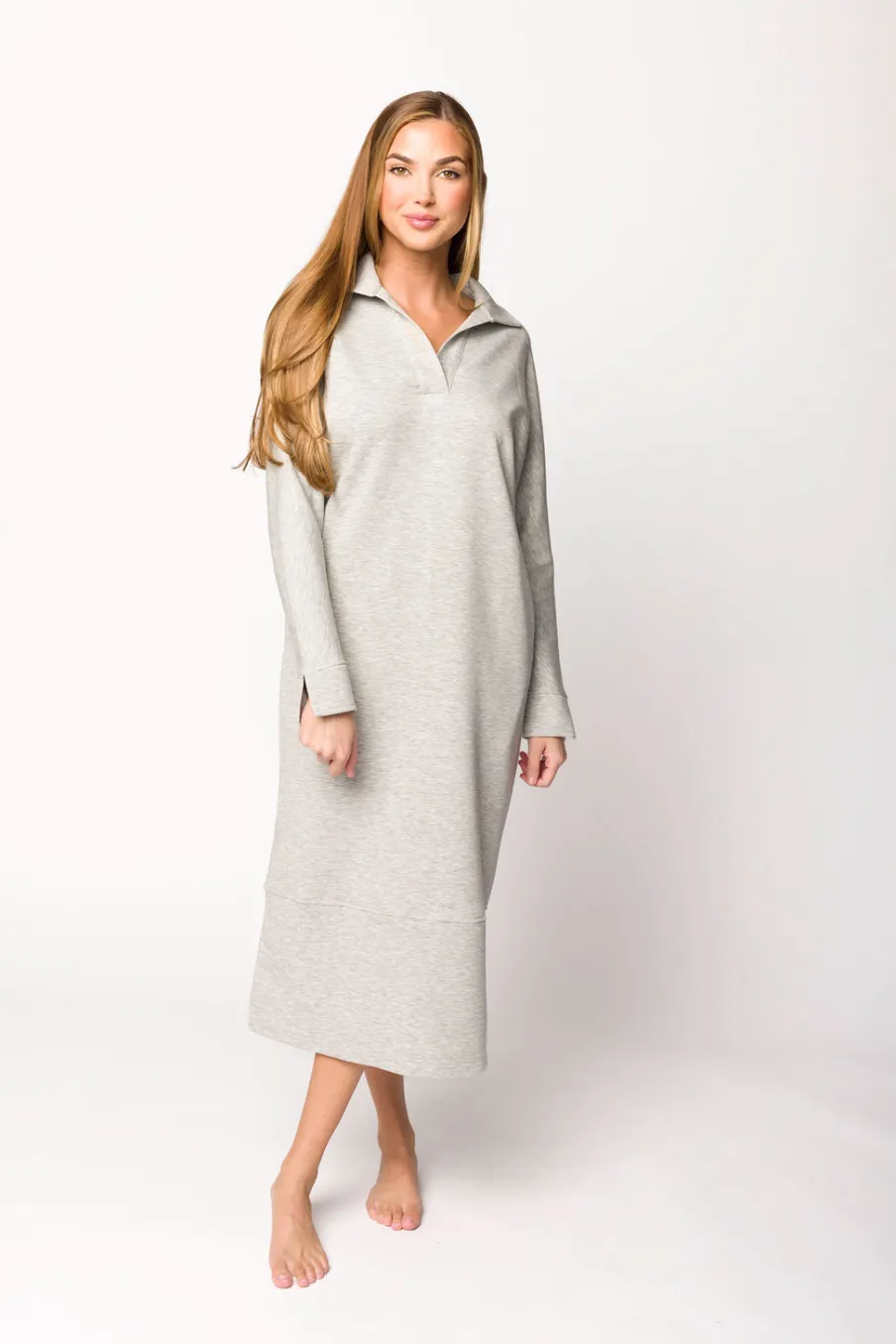 Fashion Worth Collective Myra Collared Long Sleeve Maxi Dress in Heather Grey