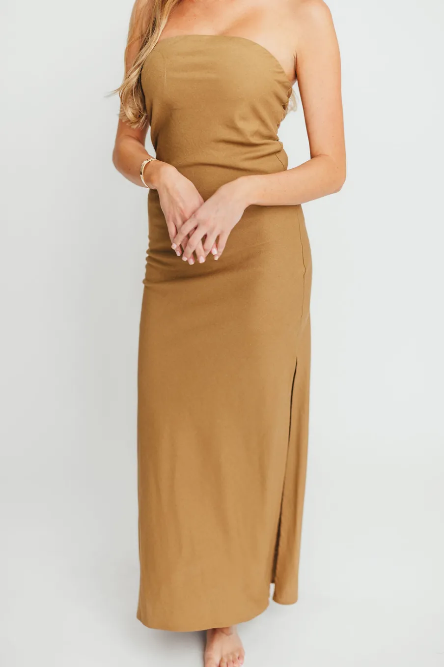 Fashion Worth Collective Naidelyn Strapless Maxi Dress in Golden Palm
