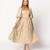 Fashion Worth Collective Natalie Embroidered Floral Midi Dress in Taupe