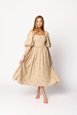 Fashion Worth Collective Natalie Embroidered Floral Midi Dress in Taupe