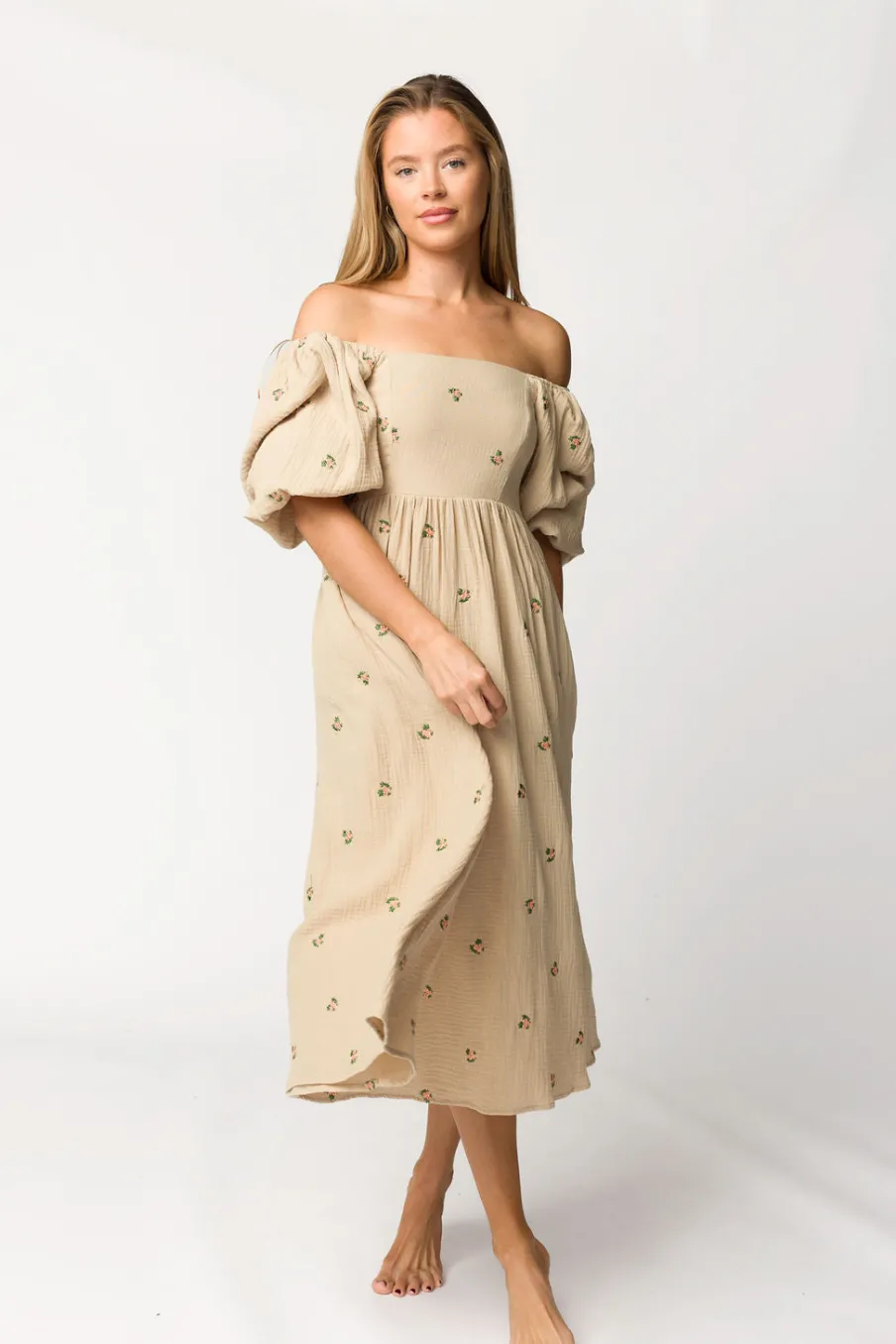 Fashion Worth Collective Natalie Embroidered Floral Midi Dress in Taupe