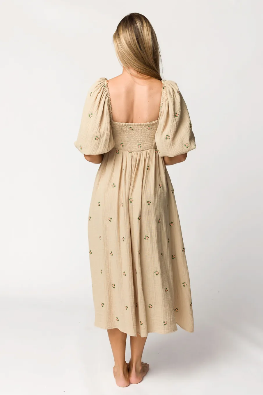 Fashion Worth Collective Natalie Embroidered Floral Midi Dress in Taupe