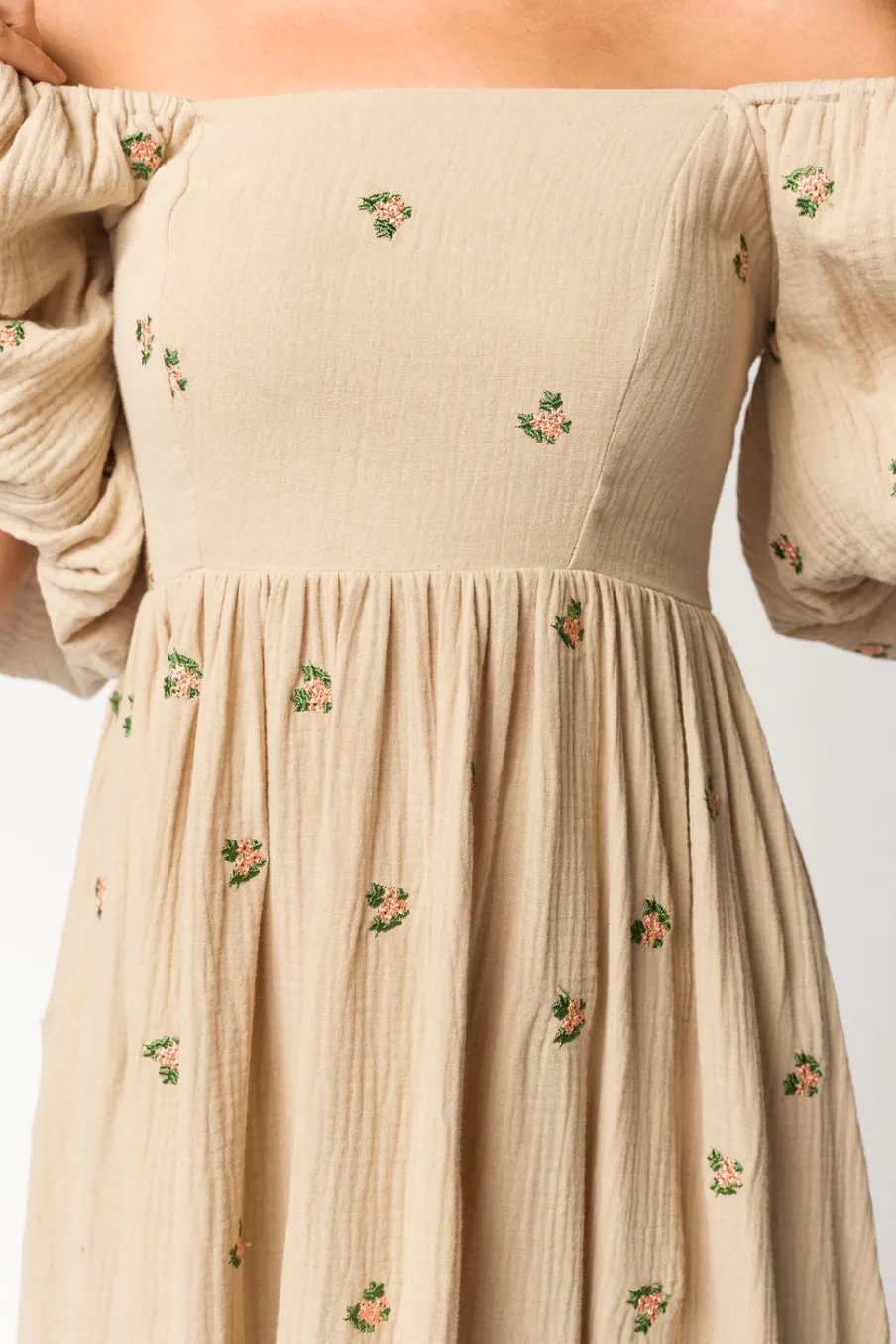 Fashion Worth Collective Natalie Embroidered Floral Midi Dress in Taupe