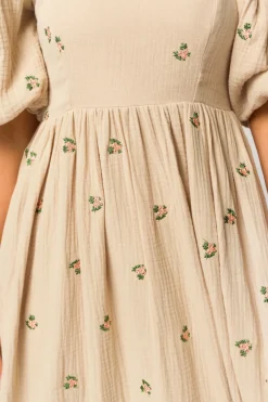 Fashion Worth Collective Natalie Embroidered Floral Midi Dress in Taupe