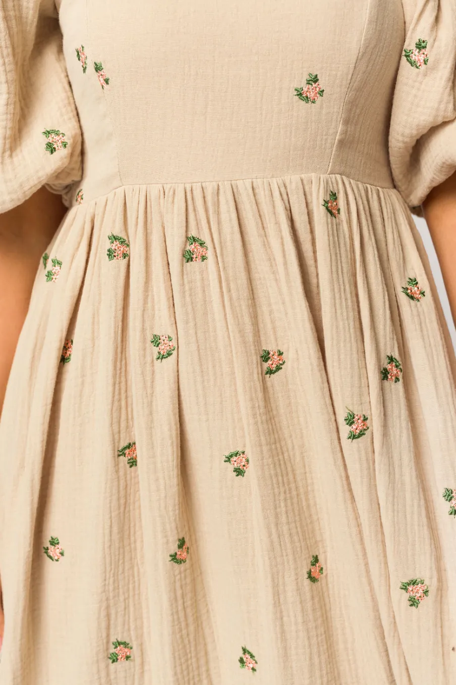 Fashion Worth Collective Natalie Embroidered Floral Midi Dress in Taupe