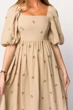 Fashion Worth Collective Natalie Embroidered Floral Midi Dress in Taupe