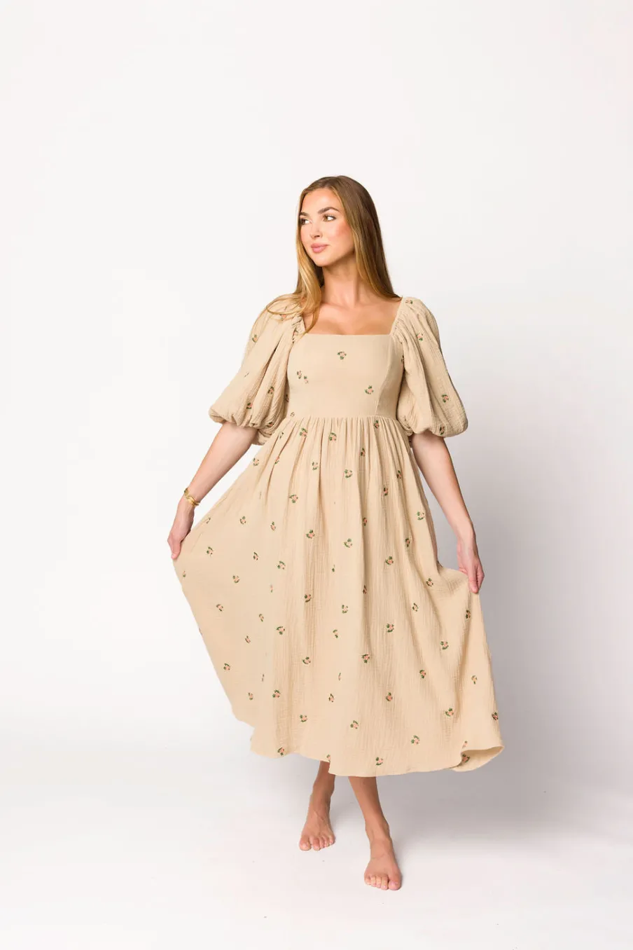 Fashion Worth Collective Natalie Embroidered Floral Midi Dress in Taupe