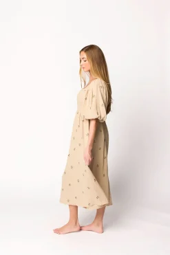 Fashion Worth Collective Natalie Embroidered Floral Midi Dress in Taupe