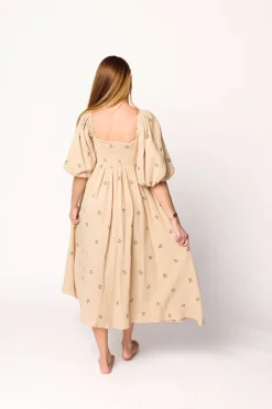 Fashion Worth Collective Natalie Embroidered Floral Midi Dress in Taupe