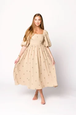 Fashion Worth Collective Natalie Embroidered Floral Midi Dress in Taupe