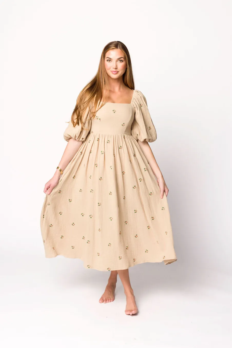 Fashion Worth Collective Natalie Embroidered Floral Midi Dress in Taupe