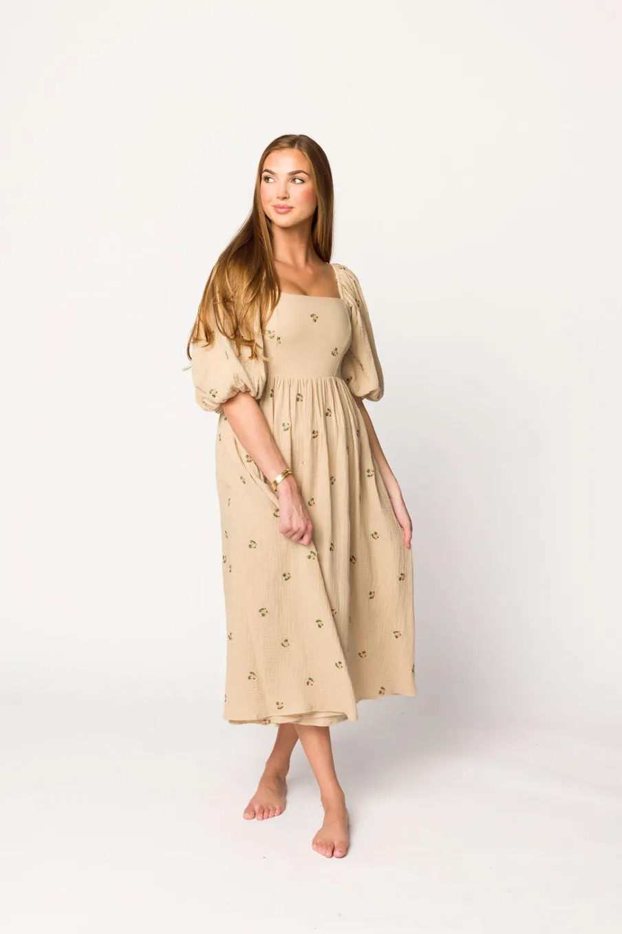 Fashion Worth Collective Natalie Embroidered Floral Midi Dress in Taupe