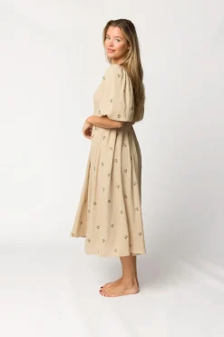 Fashion Worth Collective Natalie Embroidered Floral Midi Dress in Taupe