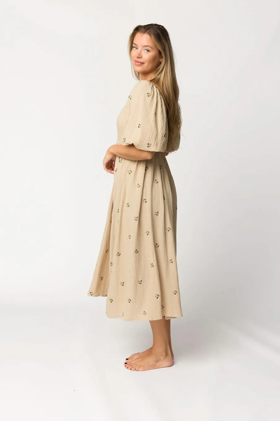 Fashion Worth Collective Natalie Embroidered Floral Midi Dress in Taupe