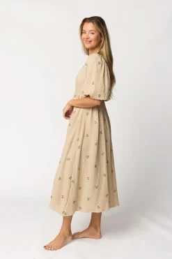 Fashion Worth Collective Natalie Embroidered Floral Midi Dress in Taupe
