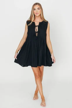 Discount Worth Collective Nessa Tie Mini Dress Woven in Black 100% Linen