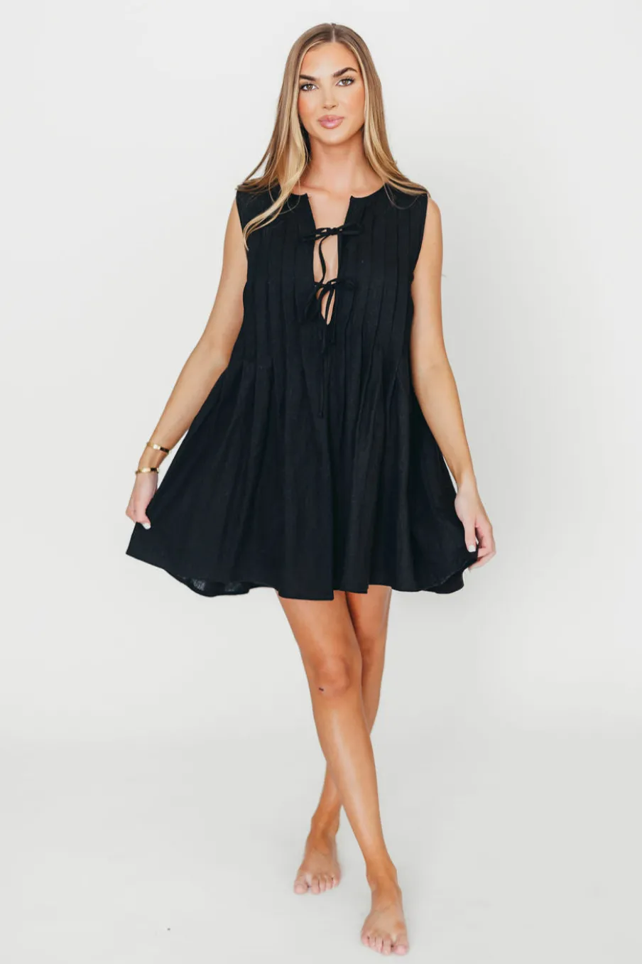 Discount Worth Collective Nessa Tie Mini Dress Woven in Black 100% Linen