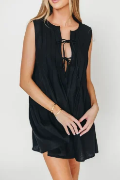 Discount Worth Collective Nessa Tie Mini Dress Woven in Black 100% Linen