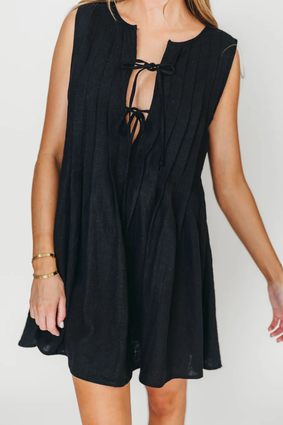 Discount Worth Collective Nessa Tie Mini Dress Woven in Black 100% Linen