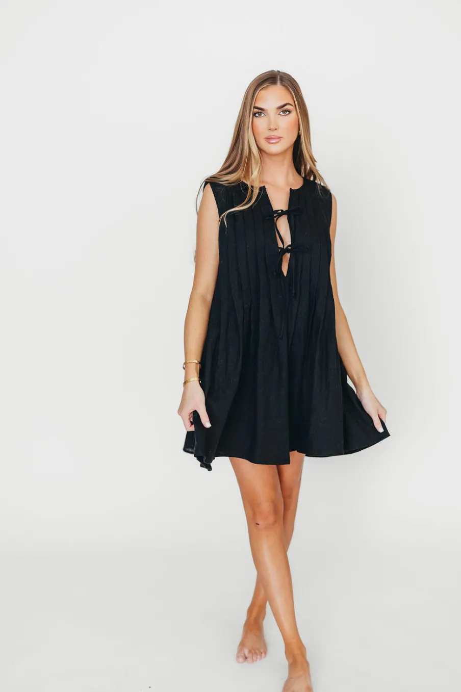 Discount Worth Collective Nessa Tie Mini Dress Woven in Black 100% Linen