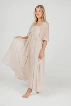 Online Worth Collective *New* Mona Maxi Dress with Smocking in Beige Floral - Bump Friendly &