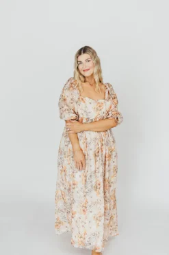 Online Worth Collective *New* Mona Maxi Dress with Smocking in Beige Multi - Bump Friendly & I