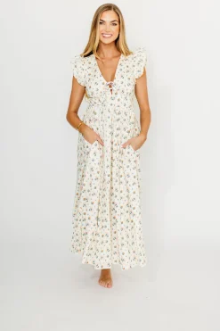 Best Worth Collective Nicole 100% Cotton Tie Front Ruffle Maxi Dress in Cream Multi Floral