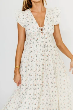 Best Worth Collective Nicole 100% Cotton Tie Front Ruffle Maxi Dress in Cream Multi Floral