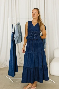 Online Worth Collective Noah 100% Cotton Peplum Top and Midi Skirt Set in Denim
