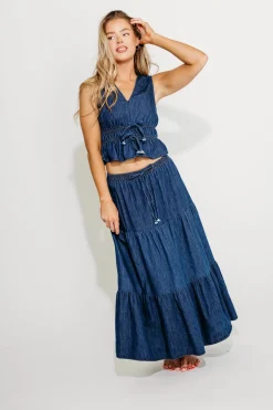 Online Worth Collective Noah 100% Cotton Peplum Top and Midi Skirt Set in Denim