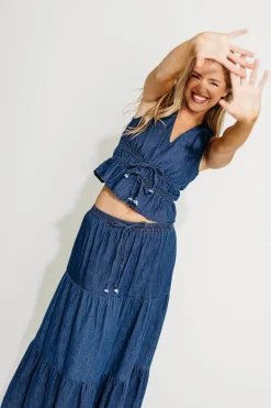 Online Worth Collective Noah 100% Cotton Peplum Top and Midi Skirt Set in Denim