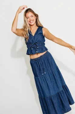 Online Worth Collective Noah 100% Cotton Peplum Top and Midi Skirt Set in Denim