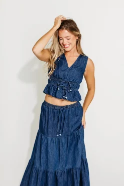 Online Worth Collective Noah 100% Cotton Peplum Top and Midi Skirt Set in Denim