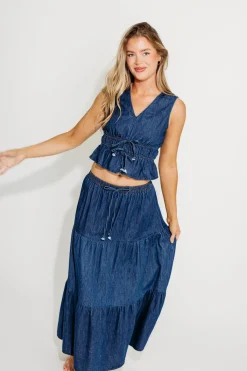 Online Worth Collective Noah 100% Cotton Peplum Top and Midi Skirt Set in Denim