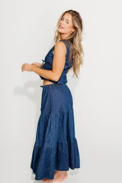Online Worth Collective Noah 100% Cotton Peplum Top and Midi Skirt Set in Denim