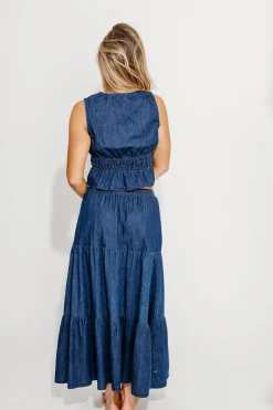 Online Worth Collective Noah 100% Cotton Peplum Top and Midi Skirt Set in Denim