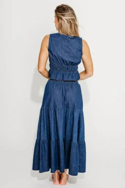 Online Worth Collective Noah 100% Cotton Peplum Top and Midi Skirt Set in Denim