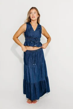 Online Worth Collective Noah 100% Cotton Peplum Top and Midi Skirt Set in Denim