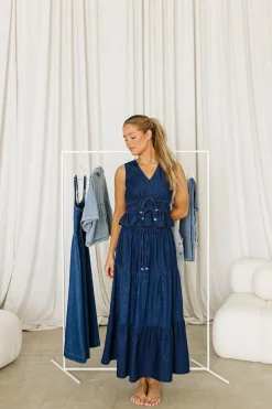 Online Worth Collective Noah 100% Cotton Peplum Top and Midi Skirt Set in Denim