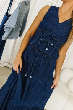 Online Worth Collective Noah 100% Cotton Peplum Top and Midi Skirt Set in Denim