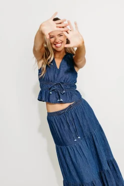 Online Worth Collective Noah 100% Cotton Peplum Top and Midi Skirt Set in Denim