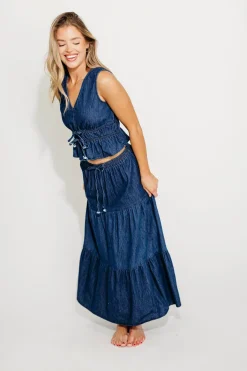 Online Worth Collective Noah 100% Cotton Peplum Top and Midi Skirt Set in Denim
