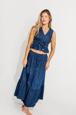 Online Worth Collective Noah 100% Cotton Peplum Top and Midi Skirt Set in Denim